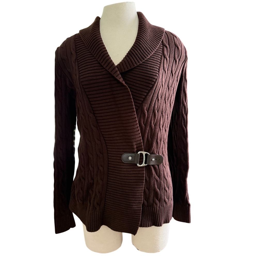 Lauren Ralph Lauren Cardigan Wrap Womens Large Brown Cable Knit Buckle Shawl - Picture 2 of 13
